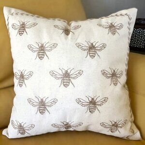 18x18 Off-White Beige Taupe Rustic Farmhouse Embroidered Bee Pillow Cover New
